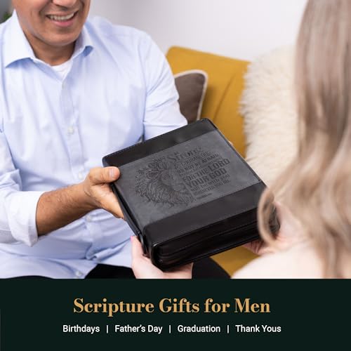 Christian Art Gifts Classic Faux Leather Bible Cover for Men and Women: Be Strong and Courageous - Joshua 1:9 Inspirational Bible Verse with Lion, Gray and Black, Medium - size: Medium