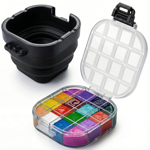 16-Well Airtight Gouache Palette Box with Lid & Foldable Water Cup, Black | Compact Travel Design, Refillable Paint Storage Suitable for Watercolor & Acrylic - color: Black
