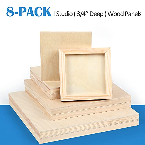 Falling in Art Unfinished Birch Wood Canvas Panels Kit, 8 Pack of 4 Sizes Studio 3/4’’ Deep Cradle Boards for Pouring Art, Crafts, Painting, and More - size: 6*6 8*8 10*10 12*12 2-Pack