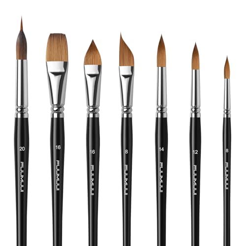 Watercolour Brushes Set, Fuumuui 7PCS Professional Kolinsky Sable Paint Brush with Patented Extended Points Design, Round, Flat, Oval, Mop for Fine Detail, Gouache, Ink, Watercolour Painting - color: Black6