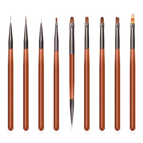 9Pcs Nail Art Brush Set, Builder Painting Design Detail Drawing Brushes Dotting Pen Double-Ended French Liner For Gel Polish Manicure Tools Acrylic Home DIY Salon Use Women, Brown - color: Brown