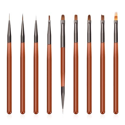 9Pcs Nail Art Brush Set, Builder Painting Design Detail Drawing Brushes Dotting Pen Double-Ended French Liner For Gel Polish Manicure Tools Acrylic Home DIY Salon Use Women, Brown - color: Brown