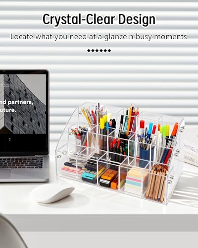 3-Layer Clear Acrylic Pen Holder & Desk Organizer | Desktop Pencil Cup, Makeup Brush Display Stand & Stationery Storage Case for Office, School and Home - size: 3 Layers