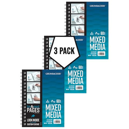 Grumbacher 5.5" x 8.5" Mixed Media Paper Pad with in & Out Pages, 98 lb. / 160 GSM, Side Wire Bound, 60 White Sheets/Pad, 3-Pack - size: 5.5" x 8.5"
