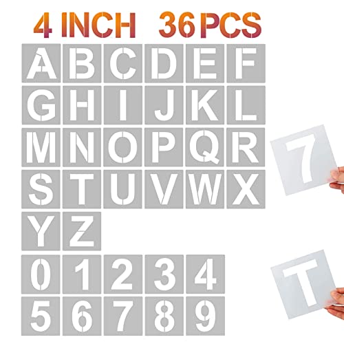 4 Inch Letter Stencils and Numbers, 36 Pcs Alphabet Art Craft Stencil, Reusable Plastic Templates for Wood, Wall, Fabric, Rock, Signage (4 Inch) - size: 4 Inch