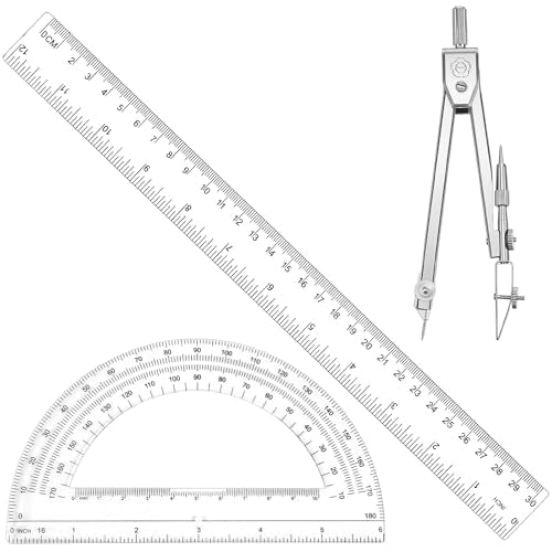 Student Geometry Math Set, 12 Inch/30cm Clear Plastic Ruler, 6 Inch Clear Protractor, Drawing Compass, Ruler Protractor and Compasses Set for School, Office, Classroom, Math Drawing, Drafting, Art