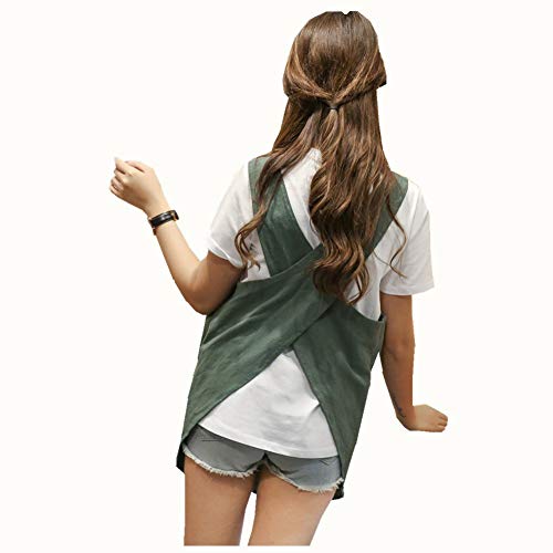 Shortened Design Apron, Japanese Style Soft Cotton Linen Apron with Two Side Pockets, X Cross Halter Aprons, Kitchen Cooking Clothes Gift for Women DIY Project, Crafting, Cooking, Baking(Army Green ) - color: Army Green, style: 1# Style-rounded Edge