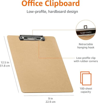Amazon Basics Hardboard Office Clipboard, Low-Profile, Letter Size, 9" x 12.5", Brown, 6-Pack - size: 6-Pack
