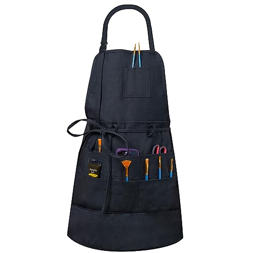 MyLifeUNIT Artist Apron with 10 Pockets for Arts and Craft, Black Canvas Pottery Apron for Women and Men