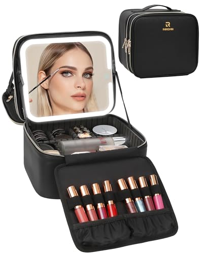 Chomeiu Makeup Bag with LED Mirror, 2 Layer Travel Makeup Case for Women and Makeup Artists Cosmetic Organizer Large Make Up Bags, 3 Color Lights, Adjustable Dividers and Brush Holder - color: 05-Black 2 Layer, size: A-Small