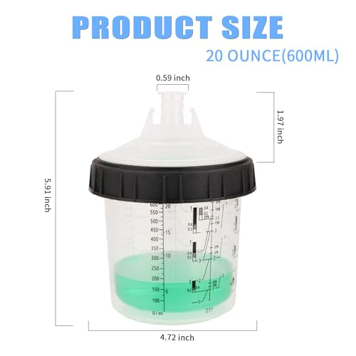 600 ml Disposable Paint Spray Gun Cup for Automotive Paint Gun, HVLP Paint Spray Paint Gun, 50 Pack Standard Size 20 Ounce Kit Paint Mixing Cups - 50 Cup Liners, 50 Lids with Strainer, 1 Hard Cup