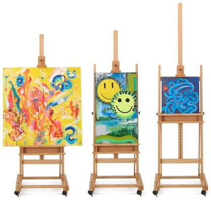 Wooden Studio Easel with Wheels, H Frame, Adjustable Holders for Canvases up to 60"h, Accessories Tray (Beech Wood)