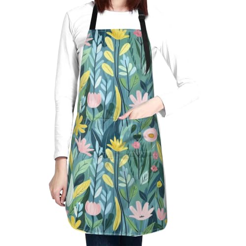 Fresh Meadow Floral Waterproof Apron with Pockets | Housework Aprons for Men Women Adjustable Bib Apron for Cooking Kitchen Baking BBQ Painting Garden Oil Resistant - color: Sage Pastel Blooms