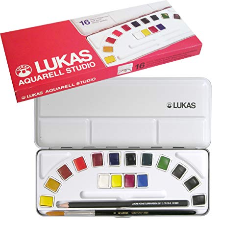 Lukas Aquarell Artist Studio Watercolor Paint Set - Professional, Includes a Travel Friendly Outdoor Painting Case, HB Pencil, Water Color Paint Brush and Color Mixing Palette - 16 Brilliant Colors - style: With brush and pencil
