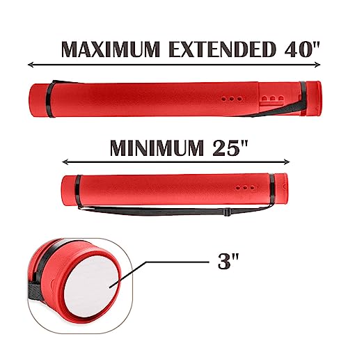 JJRING Red Poster Tube, 25" to 40" Extendable Poster Storage Holder Tube with Carrying Strap, Poster Carrying Case for Blueprints, Scrolls, Maps and Architect Papers - color: Red