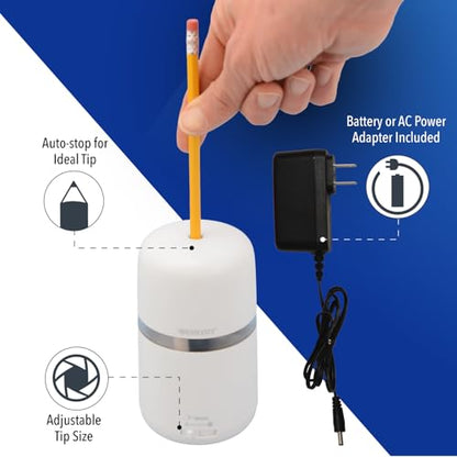 Westcott Two-in-One Fully Automatic Battery and Electric Pencil Sharpener for Regular, Graphite, and Drawing Pencils - Adjustable Tip Size - for Office and School Use - Includes AC Adapter - White