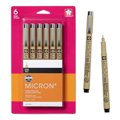 SAKURA Pigma Micron Fineliner Pens, 005 Tip Size, Archival Black Ink, 6PK 50034 - style: 005 Tip