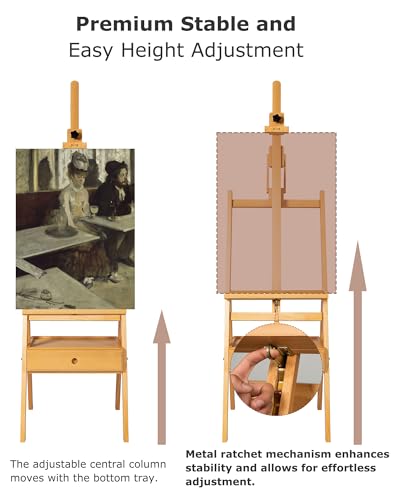 DJAR Solid Beech Wood H-Frame Art Easel with Storage Drawer, Natural | Artist Painting Stand for Adults, Holds Canvas up to 36", Main Mast Adjustable to 75", Great for Home Studios & Classroom