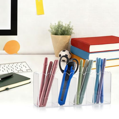 MOLIGOU Acrylic Pencil Holder, 4 Compartments Clear Pen Organizer, Desktop Pencil Holder with Scalloped Edges