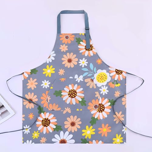 Floral Aprons with Pocket Blooming Women Waterproof Apron Adjustable Neck Long Ties Women Men Cook Baking Garden - color: Sunflower Grey