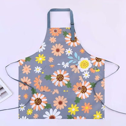 Floral Aprons with Pocket Blooming Women Waterproof Apron Adjustable Neck Long Ties Women Men Cook Baking Garden - color: Sunflower Grey