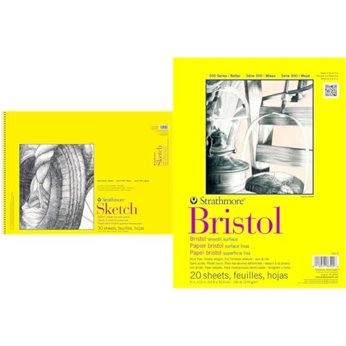 Strathmore 300 Series Sketch Pad, 18x24 inch, 30 Sheets, Side Wire - Artist Sketchbook & 300 Series Bristol Paper Pad, Smooth, Tape Bound, 9x12 inches, 20 Sheets (100lb/270g)