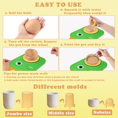 Pottery Wheel for Kids, Art Supplies Arts & Crafts Kit, Crafts Toys for Girls 6+, Pottery Studio Craft Kit with 4 Pack Air-Dry Clay,Girls Toys Birthday Christmas Gift for Kids Ages 6 7 8 9 10 11 12+ - color: Green -Dinosaur