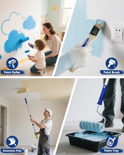 32PCS Paint Roller Kit with Extension Pole - 2 to 4 FT Pole, 4 inch 9 inch Paint Rollers, Paint Brushes for Walls, Painters Tape & Drop Cloth, Microfiber Roller Covers for Professional Painting - size: 32PCS