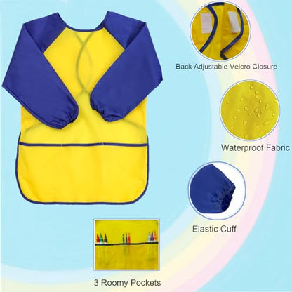 2 Pack Kids Art Smock Waterproof with Long Sleeve and 3 Roomy Pockets Artist Children Aprons for Toddlers Age 3-8 Painting Crafts(Yellow) - color: 2 Pack Yellow