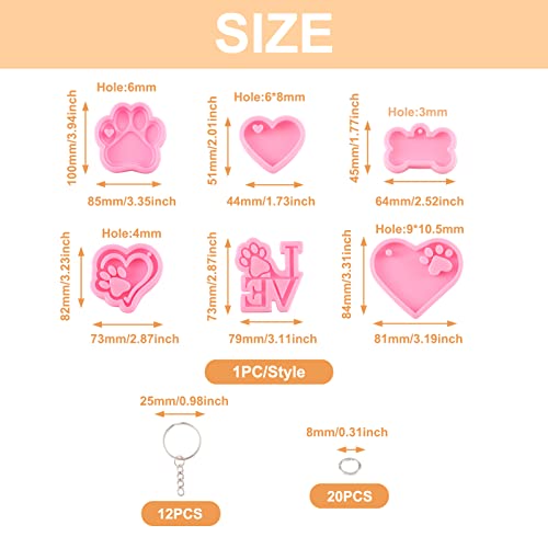 Craftdady 6pcs Keychain Pendant Resin Casting Molds Heart Bone Dog Paw Print Charms Silicone Molds with 12pcs Key Rings, 20pcs Jump Rings for Resin Casting DIY Keychain Jewelry Craft - color: Pink,Keychain,6pcs