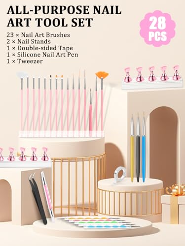 YOOVR Nail Art Tools Set, Nail Stand for Press on Holder for Painting Nails, Nail Art Brushes, Liner Brushes, Nail Dotting Tool, Must Haves Design Tools Supplies Kit for Nail Tech & Beginners (Pink) - color: Pink