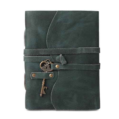 Leather Journal with Deckle Edge Paper 8x6 inch and Vintage Key | Handmade Writing Notebook Diary | Bound Daily Notepad for Men & Women Medium, Sketch/Writing pad for Artists - color: Sea Green, size: 7 x 5, style: Unlined Deckle Paper