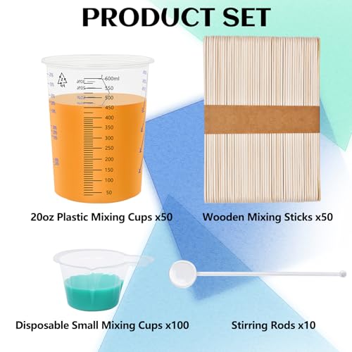 Artcome Mixing Cup Kit - 50 PC 20oz (600ml) Plastic Measuring Cups, 50 PC Wooden Mixing Sticks, 100 PC 40ml Disposable Small Cups, 10 PC Stirring Rods - Ideal for Epoxy Resin, Paint & Liquid Mixing