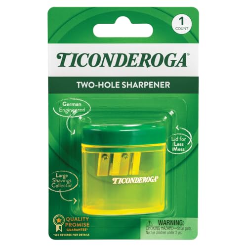 Ticonderoga Two-Hole Manual Pencil Sharpener for Standard and Beginner Pencils, Yellow/Green, 2" x 2" x 1.25", German-Engineered, 6 Count - style: 2-Hole, 6-Pack