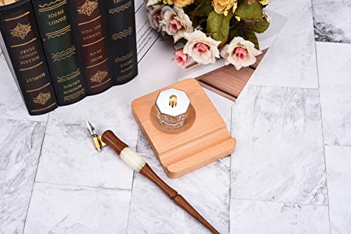 Yoption Wood Dip Pen Set, Calligraphy Oblique Nib Holder With Desktop Pen Holder, Ink Bottle Container and 5 Nibs Kit - color: Dip Pen Set