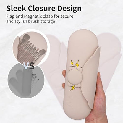 Travel Makeup Brush Holder with Cleaning Pad -Silicone Brush Organizer Case, Magnetic Closure Waterproof Cosmetic Bag for Easy Storage & On-the-Go Cleaning (9.05 Inch) - color: Khaki