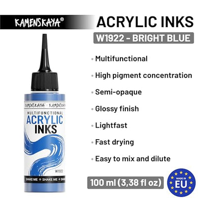 KAMENSKAYA Acrylic Inks for Artists - Bright Blue Acrylic Ink, 3.38 Fl Oz (100 ml) - color: Bright Blue