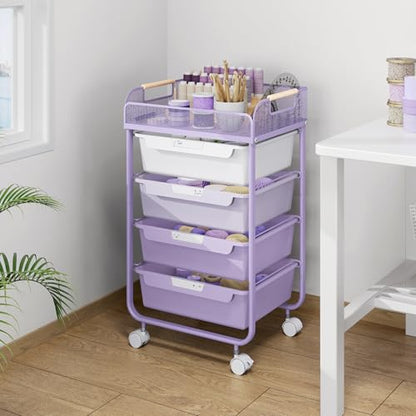 SYKIARIOL 4-Drawer Rolling Storage Cart with Mesh Top, Utility Craft Organizer Cart on Wheels with DIY Labels, Rolling Drawer Cart for Home Office Classroom Bedroom, Purple - color: Purple
