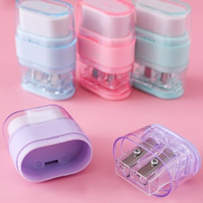 1PCS Manual Pencil Sharpener with Eraser, 2 Sharpening Holes Sharpener with Eraser for School, Office and Home Supplies (Pink) - color: Pink