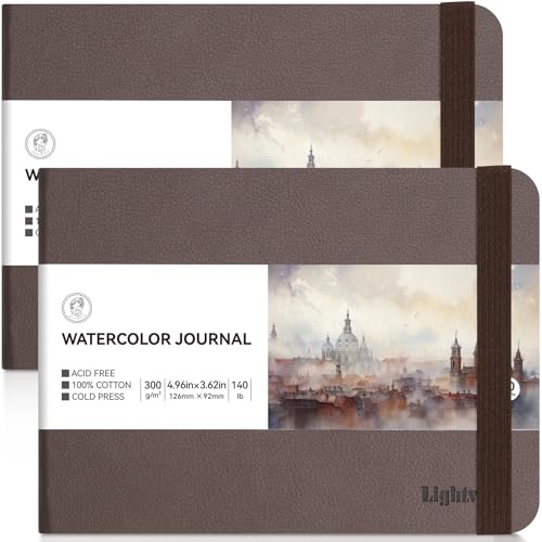 Lightwish Watercolor Journal, 2 Pack 40 Sheets 100% Cotton Cold Press Watercolor Paper Sketchbook 4.96” x 3.62”,140lb/300gsm, Acid-Free for Watercolors, Gouache, Acrylics - color: Brown, size: 4.96*3.63 Inches