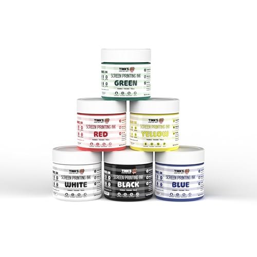 Tinks® Screen Printing Ink Set (6 Color - 4 oz.) —Screen Printing Fabric Ink for Cotton and Polyester, for Silk Screens and Linocut, Opaque Fabric Paint—Paintmaking Supplies for Shirts and Tote Bags