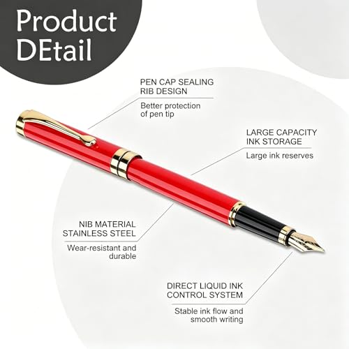 Tiankool Luxury Fountain Pen,Fine Nib, Exquisite Pen Gift Set for Men&Women-Includes 10 Ink Cartridges&Ink Converter- Nice Pens - Red - color: Red