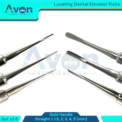 Set of 6pcs Apical Root Tooth Extraction Elevators 1mm, 1.5mm, 2mm, 3mm, 4mm, 5mm (Straight Tip) - Autoclave-Safe German Stainless Steel