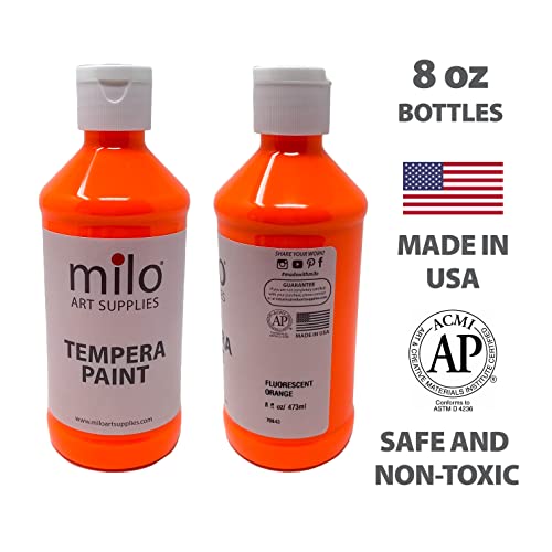 milo Fluorescent Neon Washable Paint | 8 oz Bottles 8 Colors | Made in the USA | Glows UV in Black Light | Safe & Non-Toxic Tempera Paint for Art & Craft, Poster, Window, Classroom, School - style: Fluorescent Tempera 8 x 8 oz Bottles