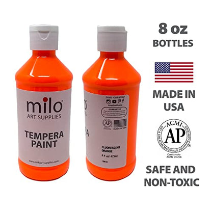 milo Fluorescent Neon Washable Paint | 8 oz Bottles 8 Colors | Made in the USA | Glows UV in Black Light | Safe & Non-Toxic Tempera Paint for Art & Craft, Poster, Window, Classroom, School - style: Fluorescent Tempera 8 x 8 oz Bottles