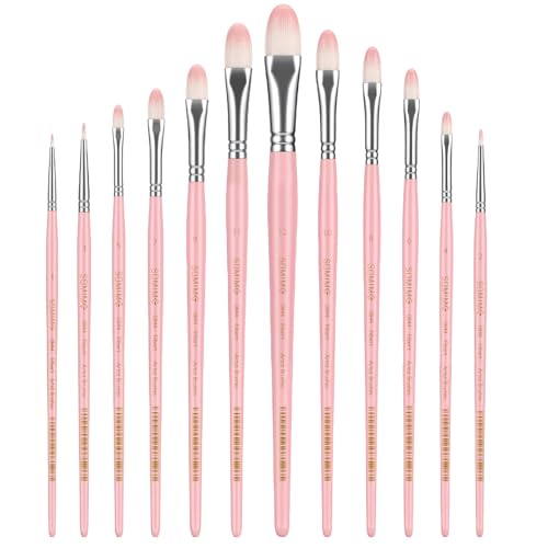 Professional Watercolor Paint Brush Set, 12 Pcs Filbert Artist Paint Brushes for Watercolor, Oil, Gouache and Acrylic Painting, Pink Handle - color: Pink, size: Filbert