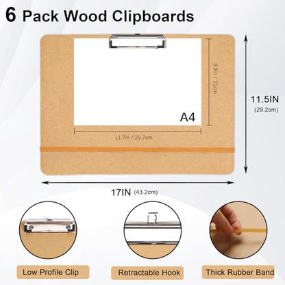 6 Pcs 11x17 Clipboard, Wooden Landscape Lap Board with Low Profile Clip & Rubber Band, Horizontal Large Art Boards for Drawing Sketching - size: 6pcs 11" x 17"