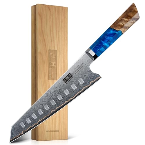 HOSHANHO Damascus Santoku Knife 7 Inch, 67-Layer Damascus Steel Chef Knife, Ultra Sharp Professional Kitchen Knives with Ergonomic Blue Resin Stabilized Wood Handle and Wood Gift Box - size: 7"
