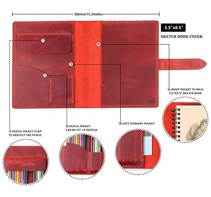 Robrasim Handmade Leather Sketchbook Cover, Leather Artist Sketch Pad Cover for 5.5" x 8.5" Sketchbook, Drawing Book and Pencil Case, Journal Notebook Portfolio, Artis Gifts-Wine - color: Wine