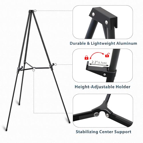 64" Aluminum Telescoping Display Easel, Adjustable Easel Stand for Sign, Portable Black Floor Standing Easels for Artwork, Painting, Posters, Whiteboard, 1PC